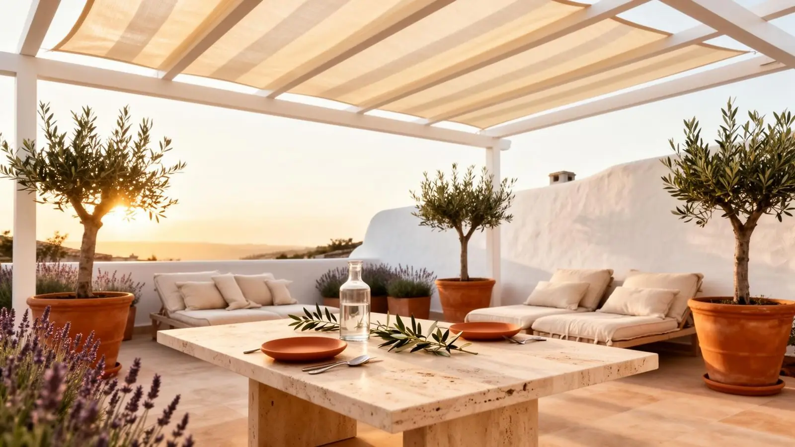 Terraza mediterránea con pérgola y vista al mar